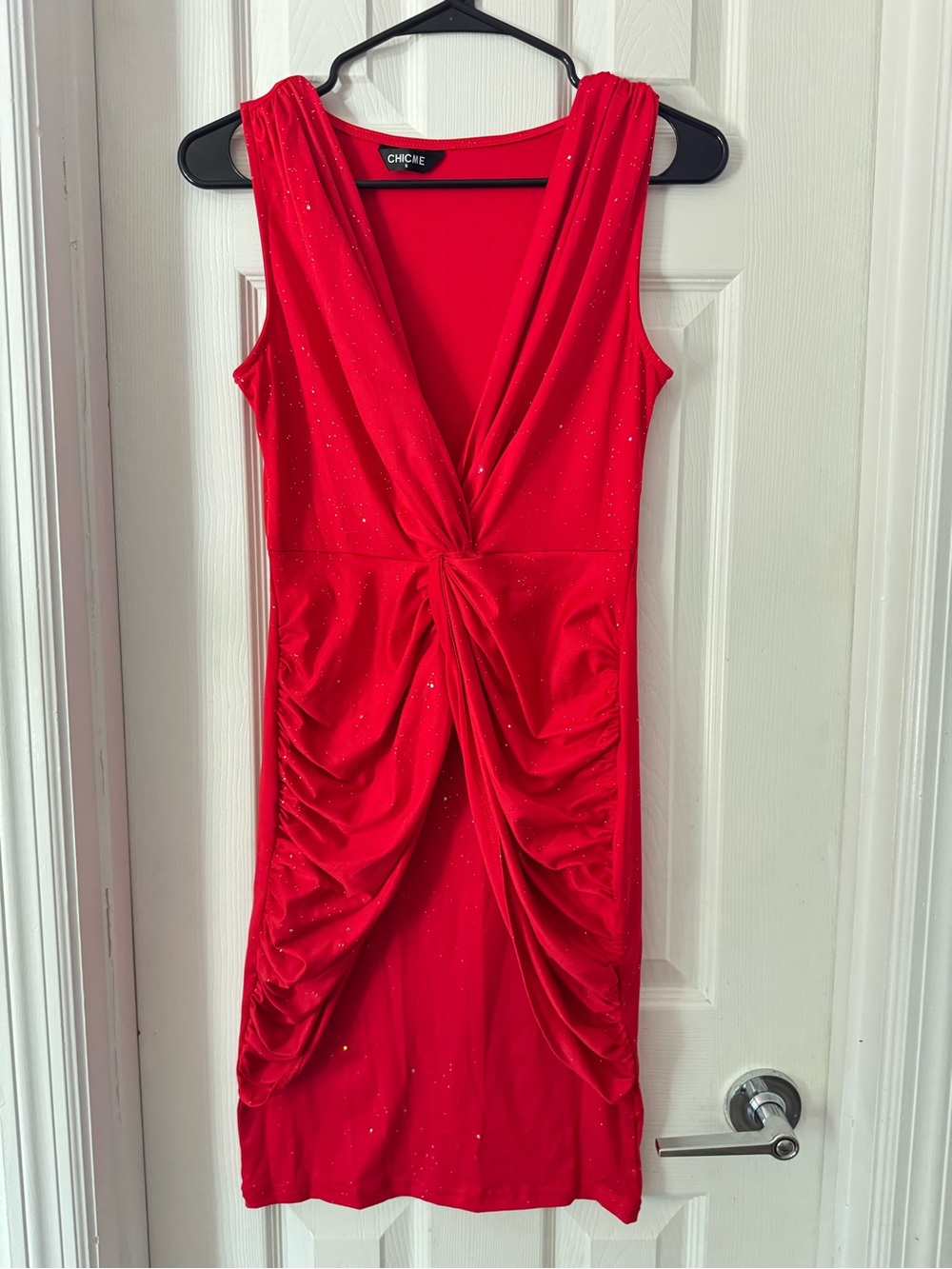 CHIC•N Red Sparkle Knot-Front Midi Dress